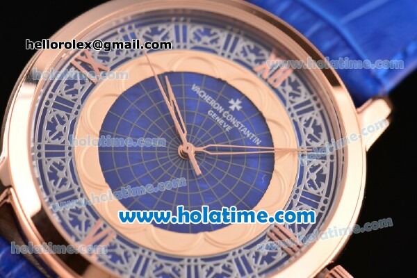 Vacheron Constantin Metiers D Art Miyota OS2035 Quartz Rose Gold Case with Blue Dial and Blue Leather Strap - Click Image to Close